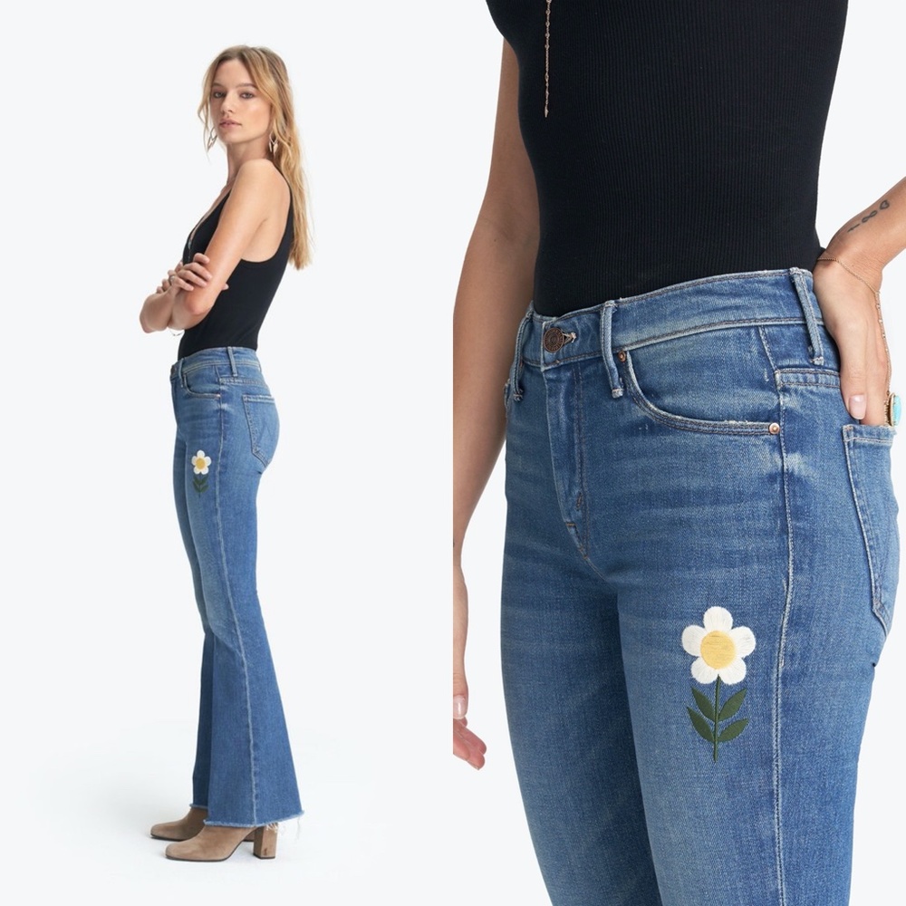 MOTHER Blue Denim Flare Jeans with White & Yellow Daisy Patch